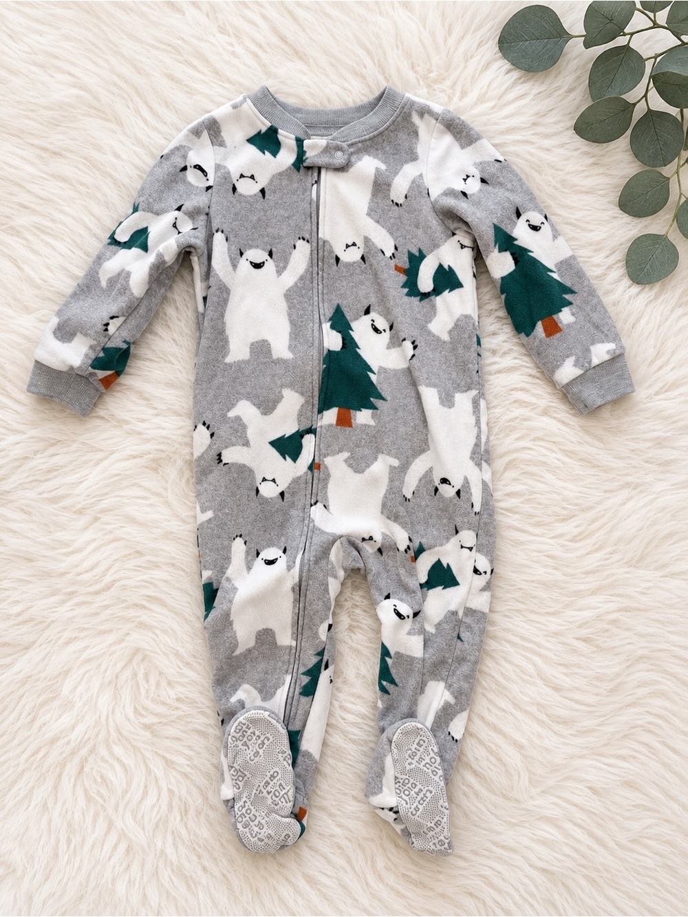 Carters Grey Polar Bear Print Fleece One-Piece for Toddler